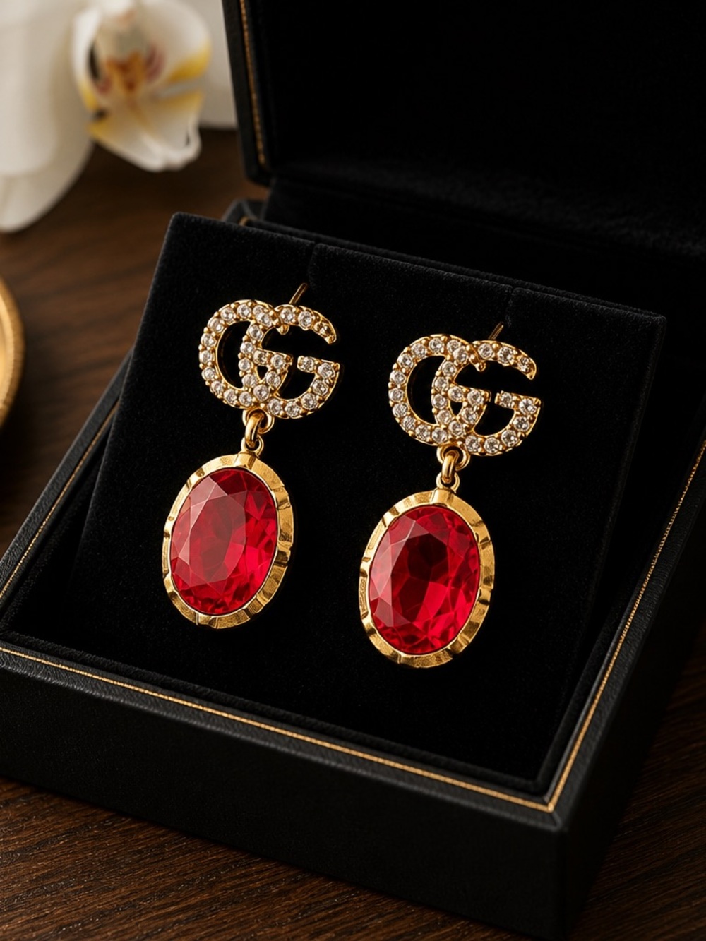 Gucci Gold-Tone Crystal GG Drop Earrings with Red Oval Stones